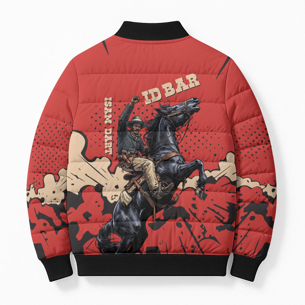Isom Dart Black Cowboy Bomber Puffer Jacket Wild West Outlaw Vintage Comic Art