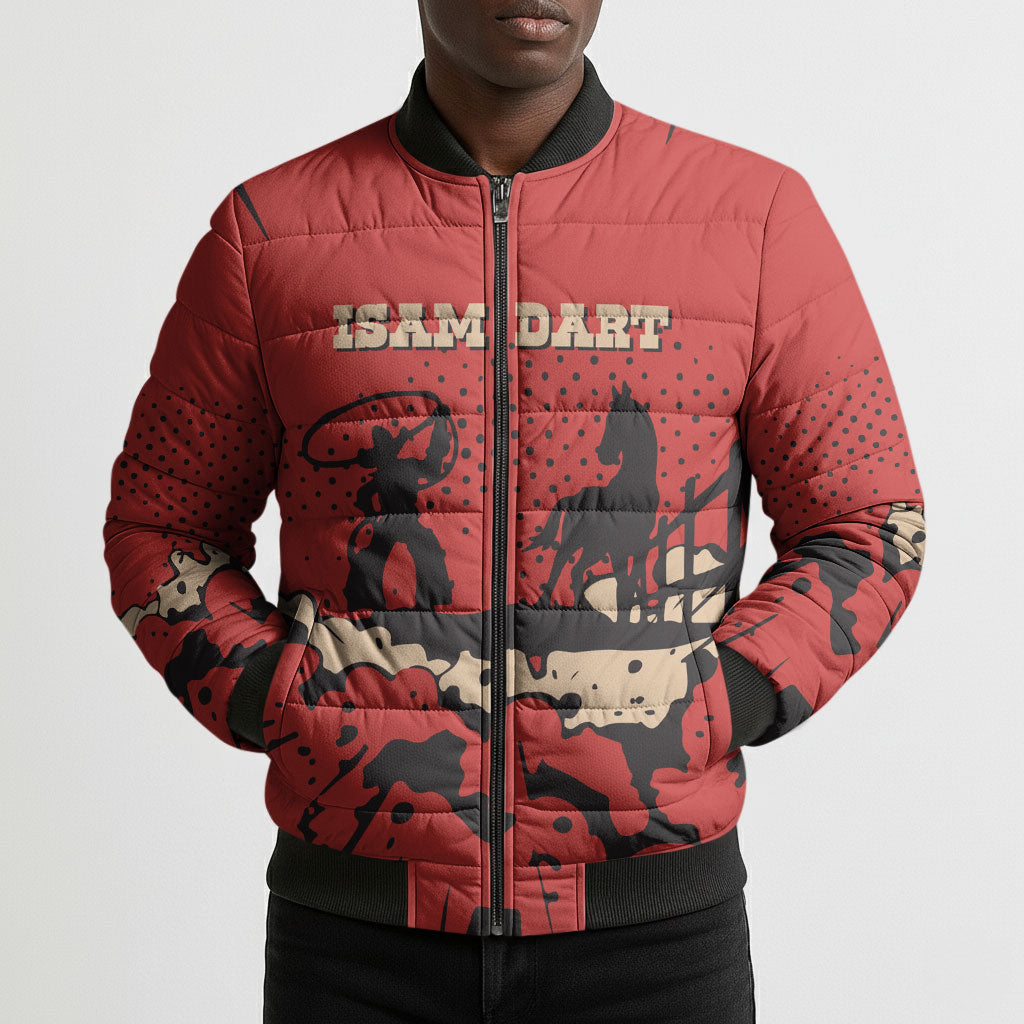 Isom Dart Black Cowboy Bomber Puffer Jacket Wild West Outlaw Vintage Comic Art
