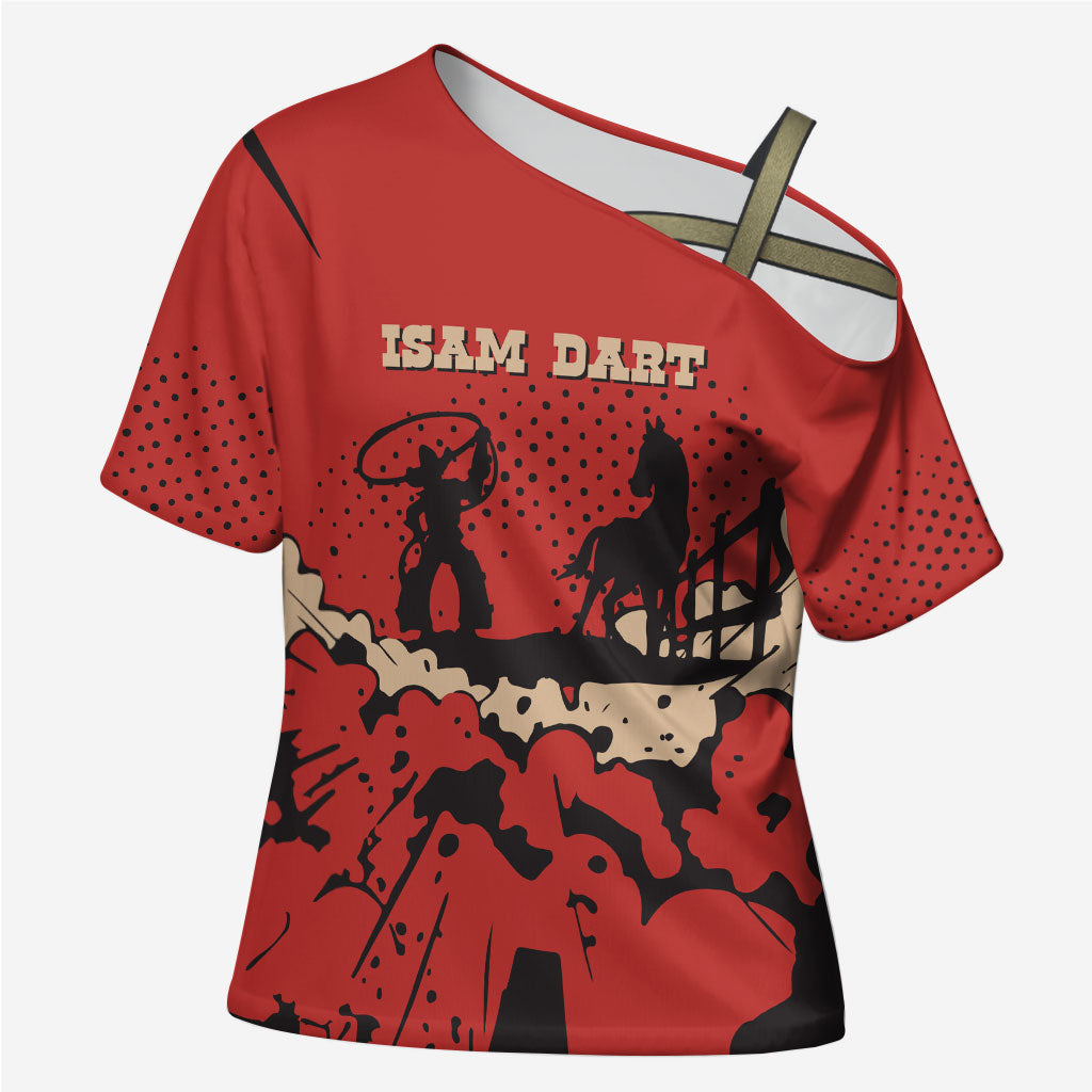 Isom Dart Black Cowboy Cross Shoulder Shirt Wild West Outlaw Vintage Comic Art