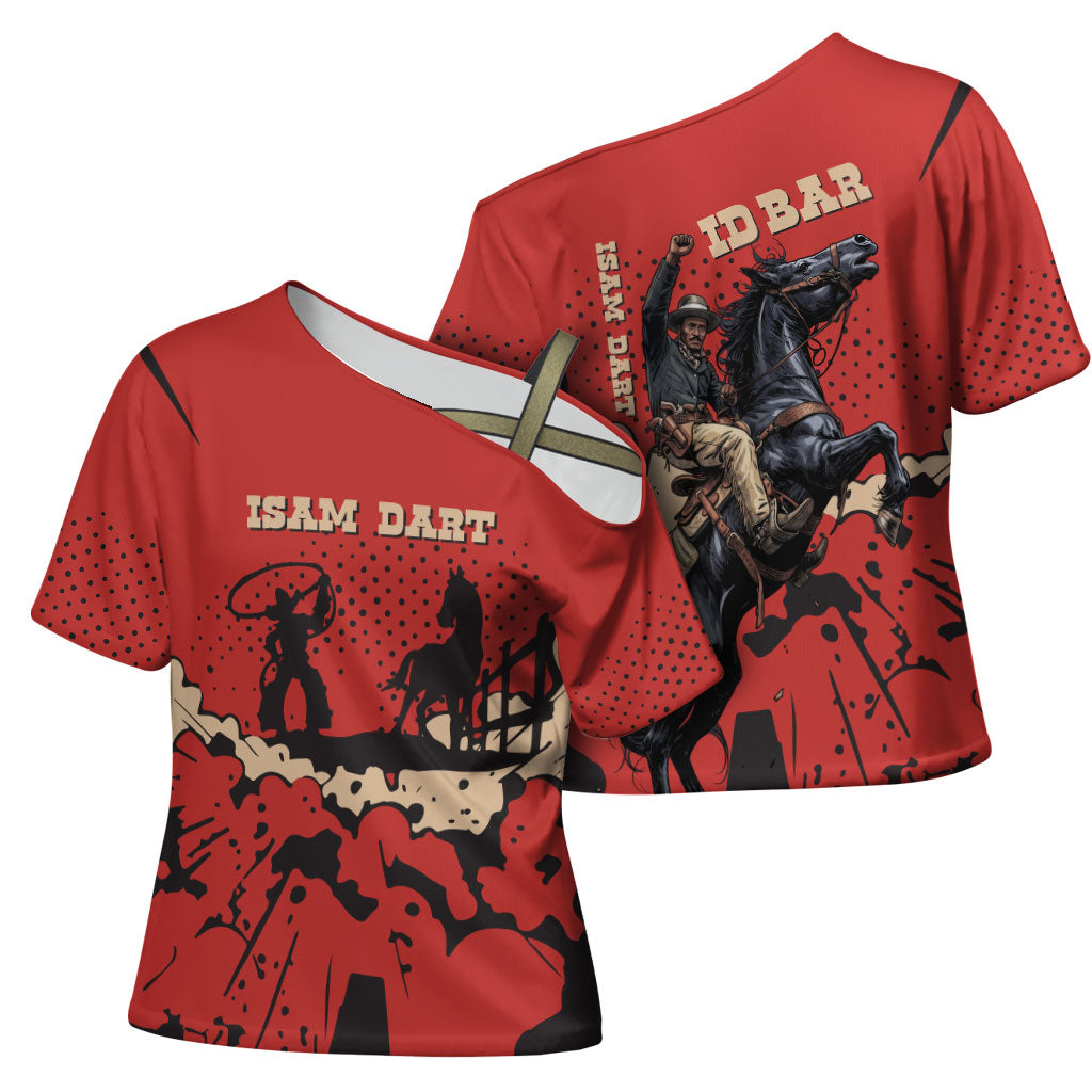 Isom Dart Black Cowboy Cross Shoulder Shirt Wild West Outlaw Vintage Comic Art