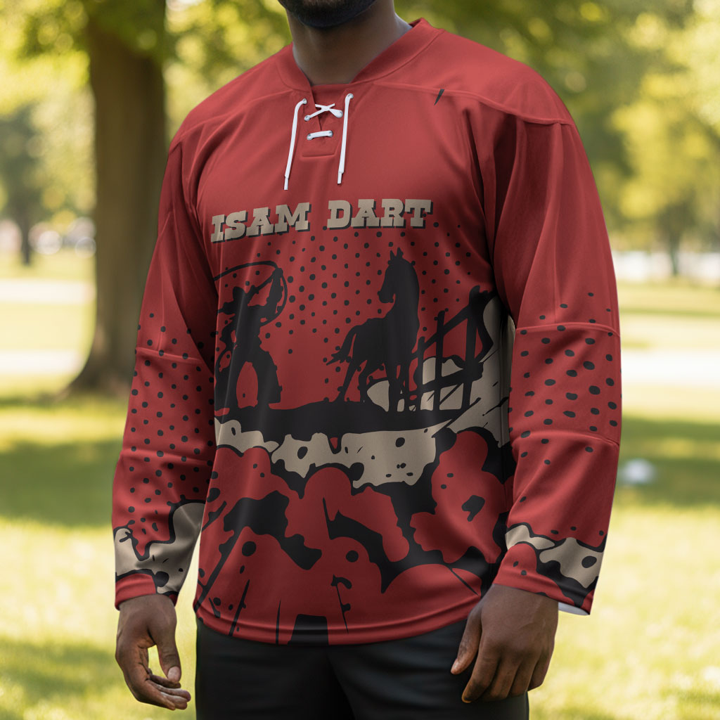 Isom Dart Black Cowboy Hockey Jersey Wild West Outlaw Vintage Comic Art