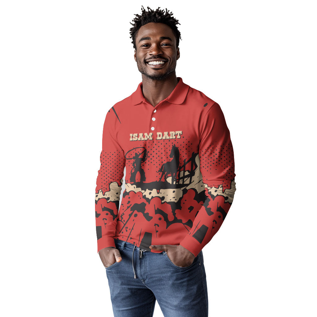 Isom Dart Black Cowboy Long Sleeve Polo Shirt Wild West Outlaw Vintage Comic Art