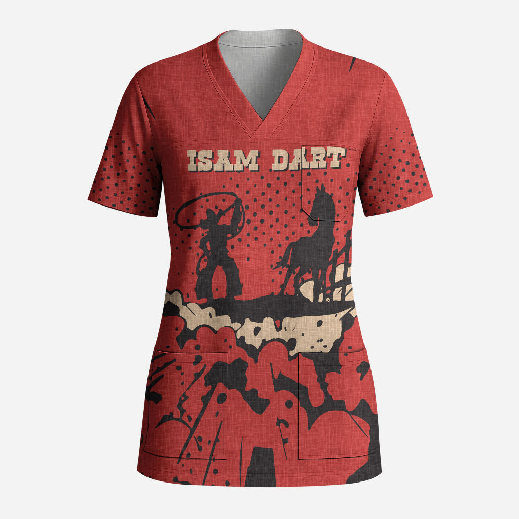 Isom Dart Black Cowboy Scrub Top Wild West Outlaw Vintage Comic Art