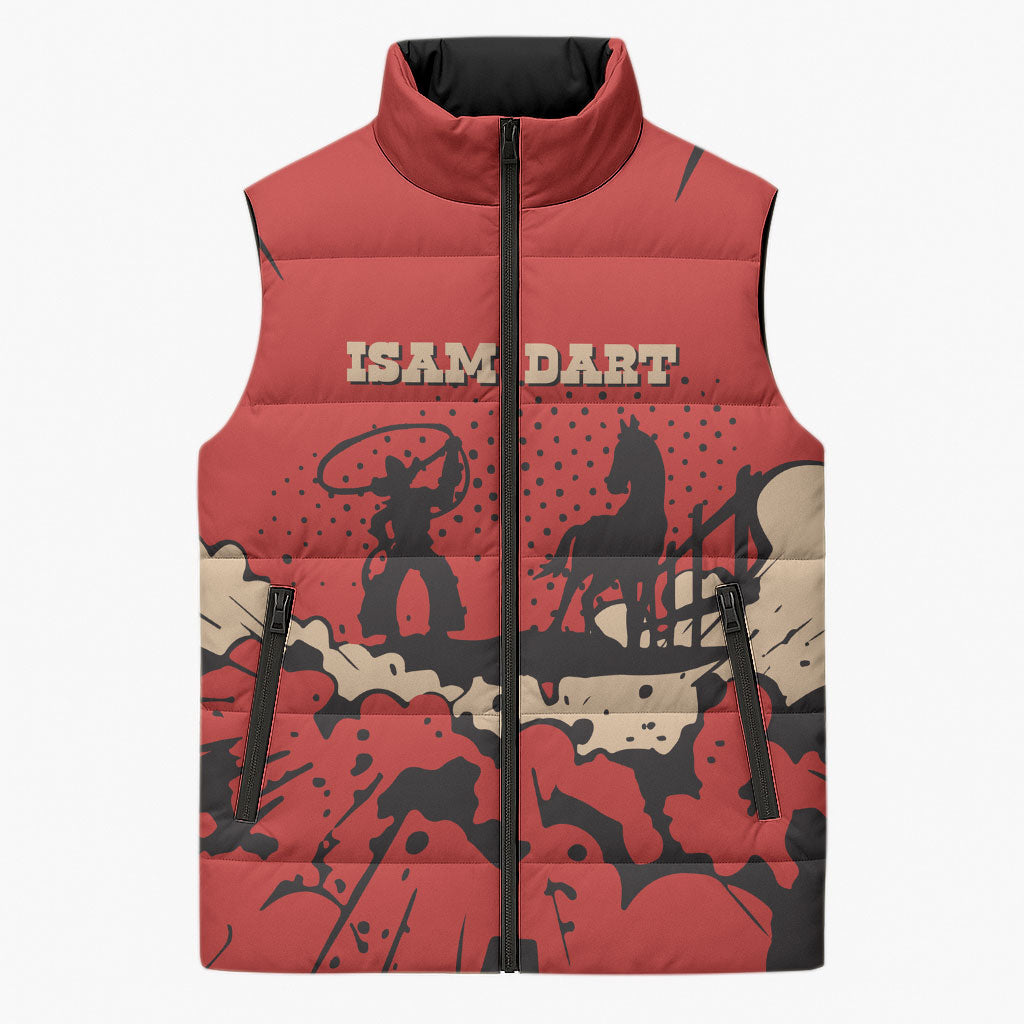 Isom Dart Black Cowboy Sleeveless Puffer Jacket Wild West Outlaw Vintage Comic Art