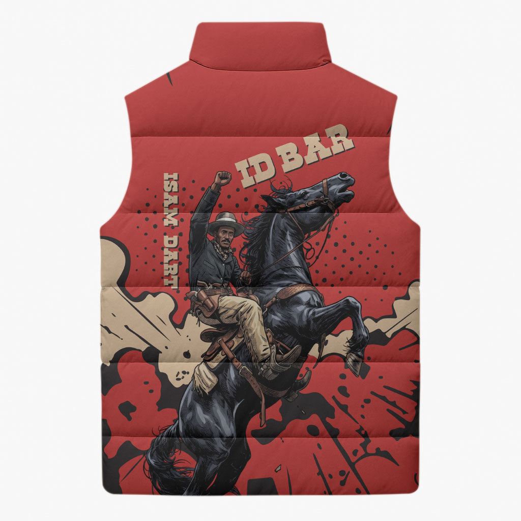 Isom Dart Black Cowboy Sleeveless Puffer Jacket Wild West Outlaw Vintage Comic Art