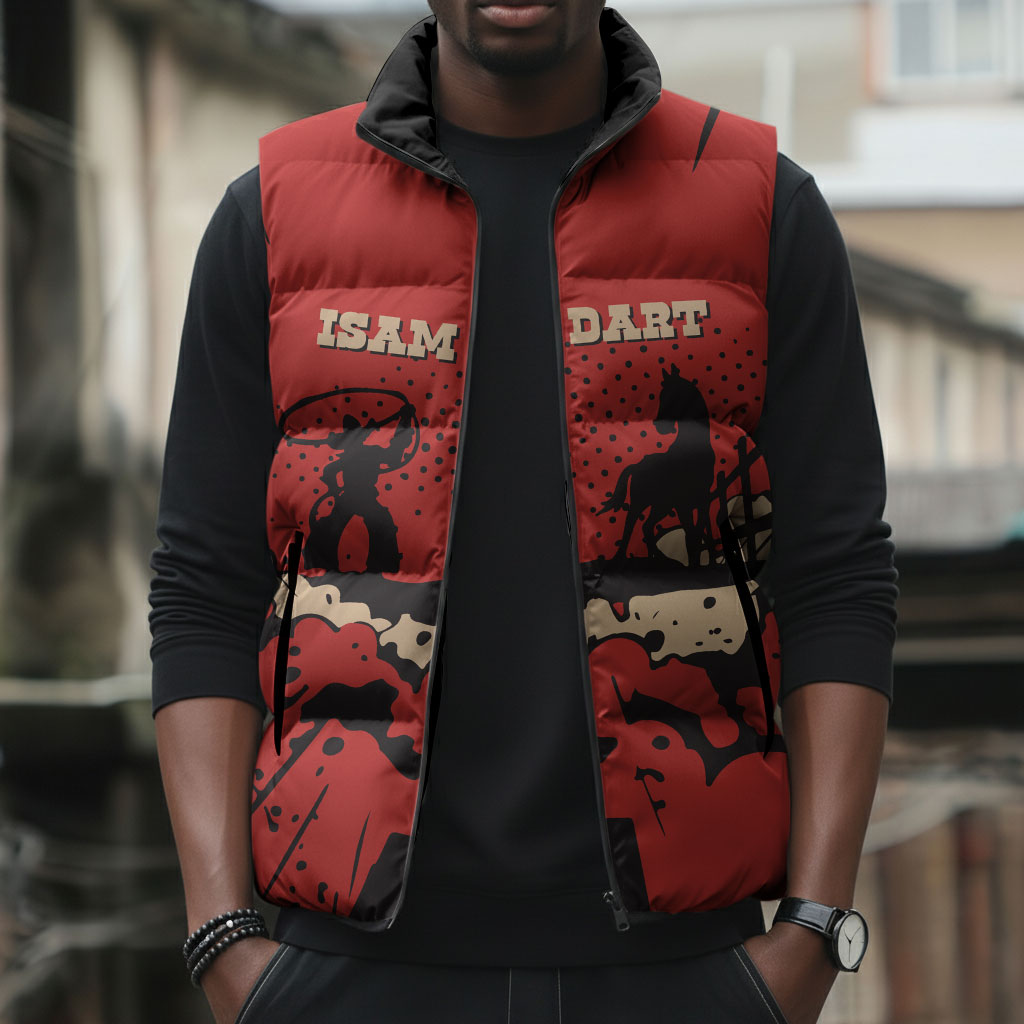 Isom Dart Black Cowboy Sleeveless Puffer Jacket Wild West Outlaw Vintage Comic Art