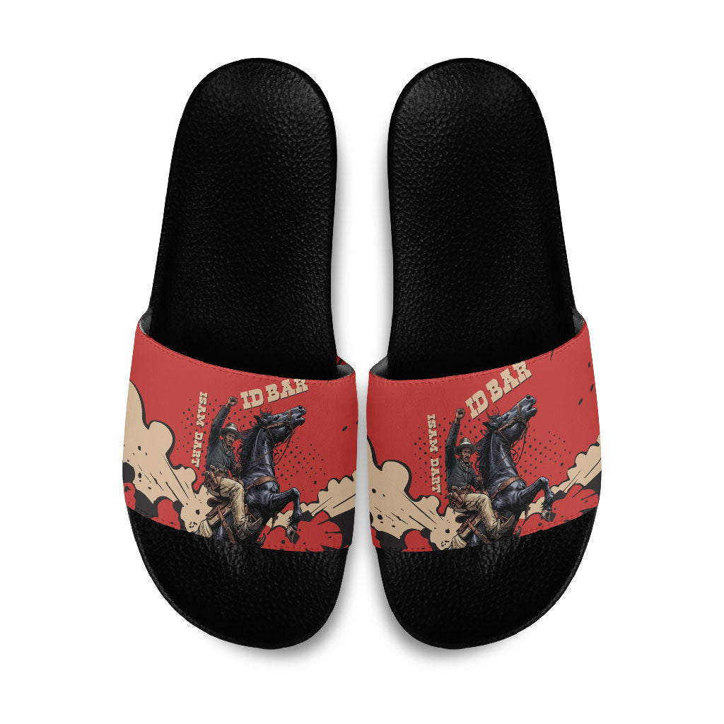 Isom Dart Black Cowboy Slide Sandals Wild West Outlaw Vintage Comic Art