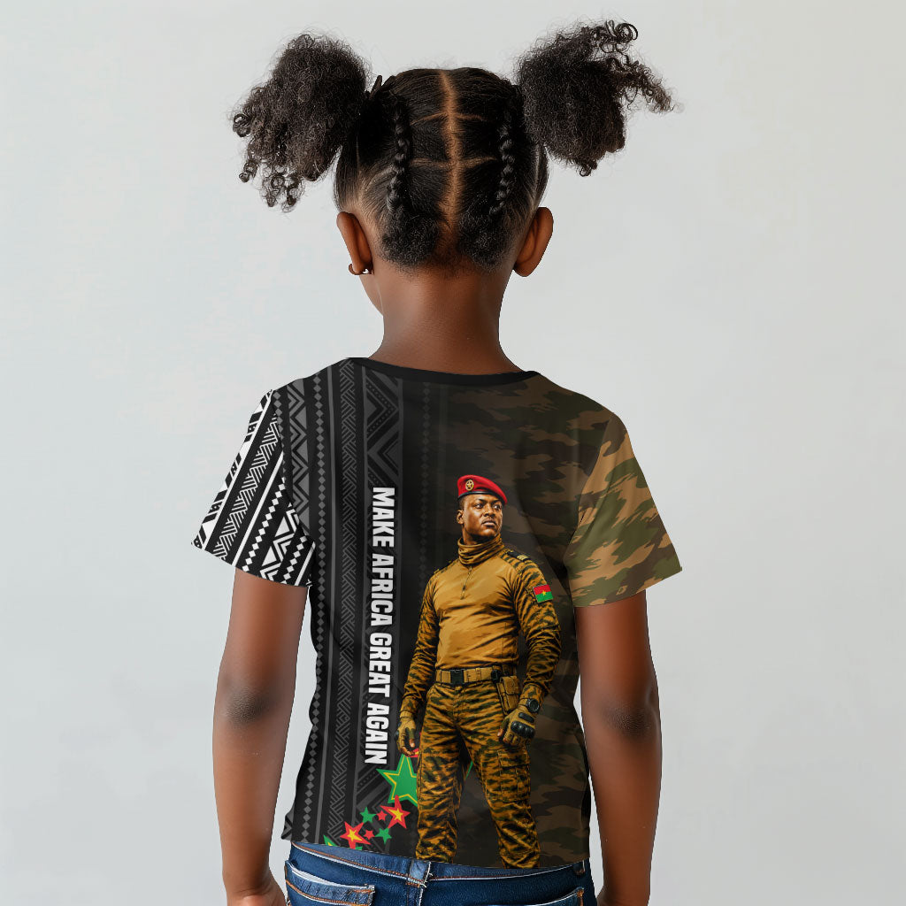 Ibrahim Traore Burkina Faso Make Africa Great Again Kid T shirt West African Patriotic Military Tribal Patterns