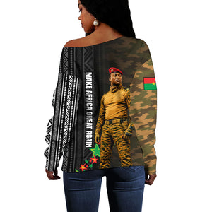 Ibrahim Traore Burkina Faso Make Africa Great Again Off Shoulder Sweater West African Patriotic Military Tribal Patterns