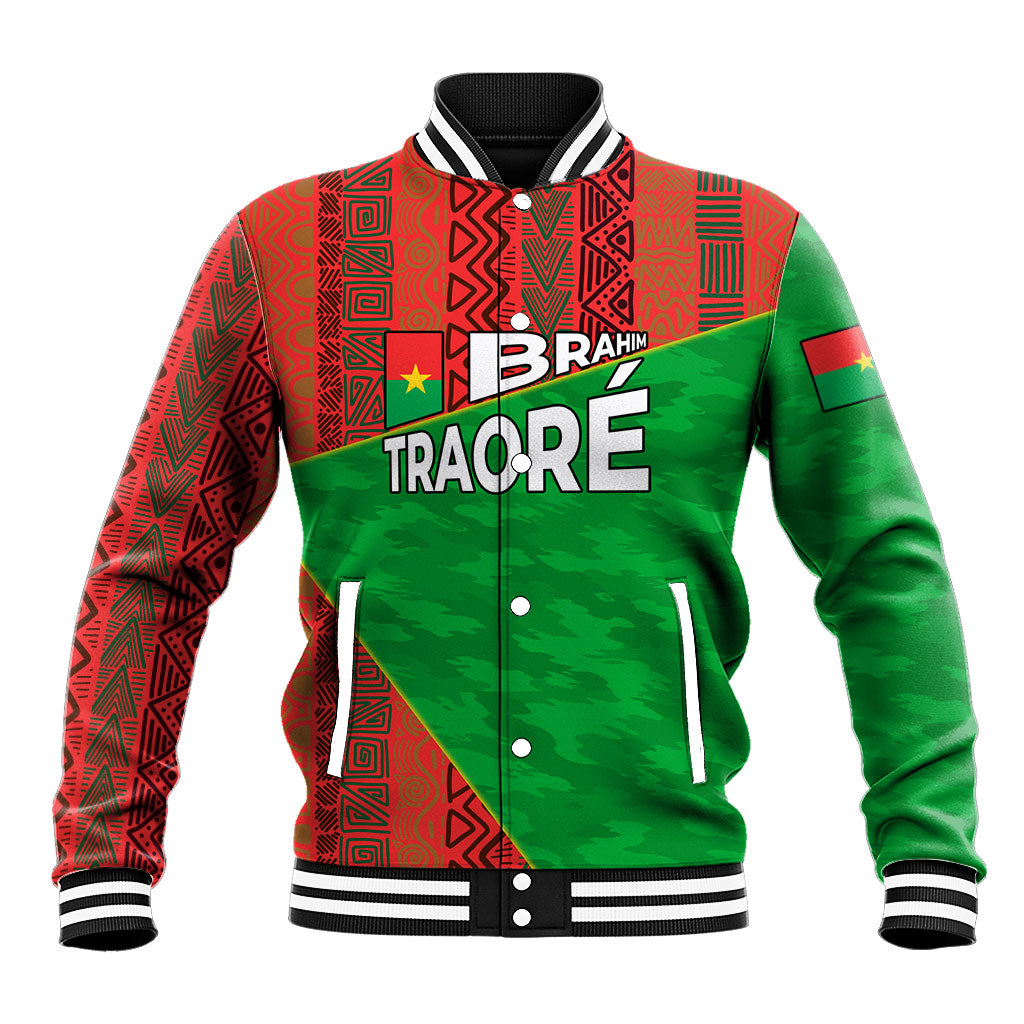 Ibrahim Traore Burkina Faso Fearless Leadership Baseball Jacket West African Tribal Pattern And Patriotic Camo Art
