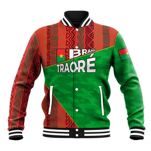 Ibrahim Traore Burkina Faso Fearless Leadership Baseball Jacket West African Tribal Pattern And Patriotic Camo Art