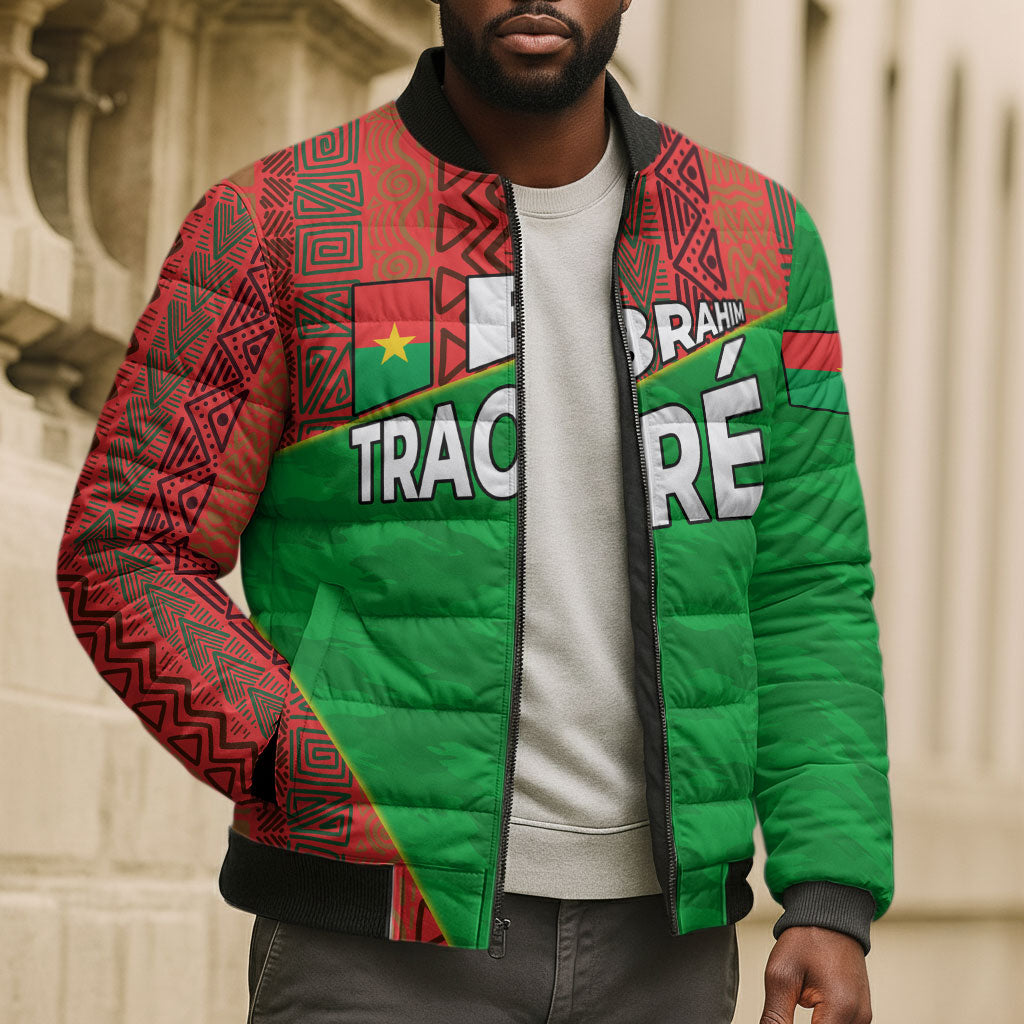 Ibrahim Traore Burkina Faso Fearless Leadership Bomber Puffer Jacket West African Tribal Pattern And Patriotic Camo Art