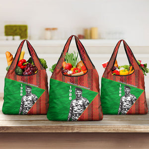 Ibrahim Traore Burkina Faso Fearless Leadership Grocery Bag West African Tribal Pattern And Patriotic Camo Art