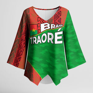 Ibrahim Traore Burkina Faso Fearless Leadership Kimono Sleeve Blouse West African Tribal Pattern And Patriotic Camo Art