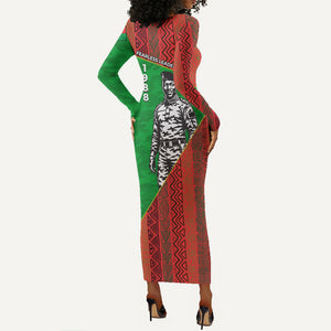 Ibrahim Traore Burkina Faso Fearless Leadership Long Sleeve Bodycon Dress West African Tribal Pattern And Patriotic Camo Art