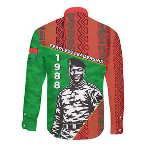Ibrahim Traore Burkina Faso Fearless Leadership Long Sleeve Button Shirt West African Tribal Pattern And Patriotic Camo Art
