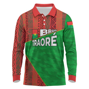 Ibrahim Traore Burkina Faso Fearless Leadership Long Sleeve Polo Shirt West African Tribal Pattern And Patriotic Camo Art