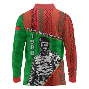 Ibrahim Traore Burkina Faso Fearless Leadership Long Sleeve Polo Shirt West African Tribal Pattern And Patriotic Camo Art
