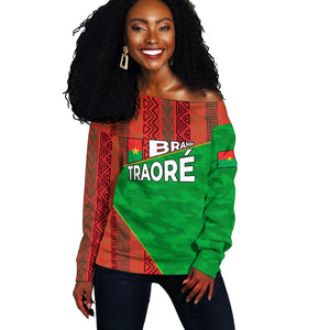 Ibrahim Traore Burkina Faso Fearless Leadership Off Shoulder Sweater West African Tribal Pattern And Patriotic Camo Art