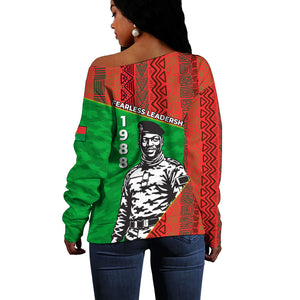Ibrahim Traore Burkina Faso Fearless Leadership Off Shoulder Sweater West African Tribal Pattern And Patriotic Camo Art