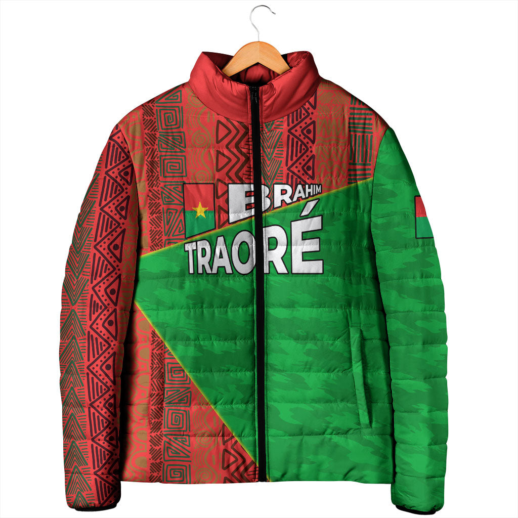 Ibrahim Traore Burkina Faso Fearless Leadership Padded Jacket West African Tribal Pattern And Patriotic Camo Art