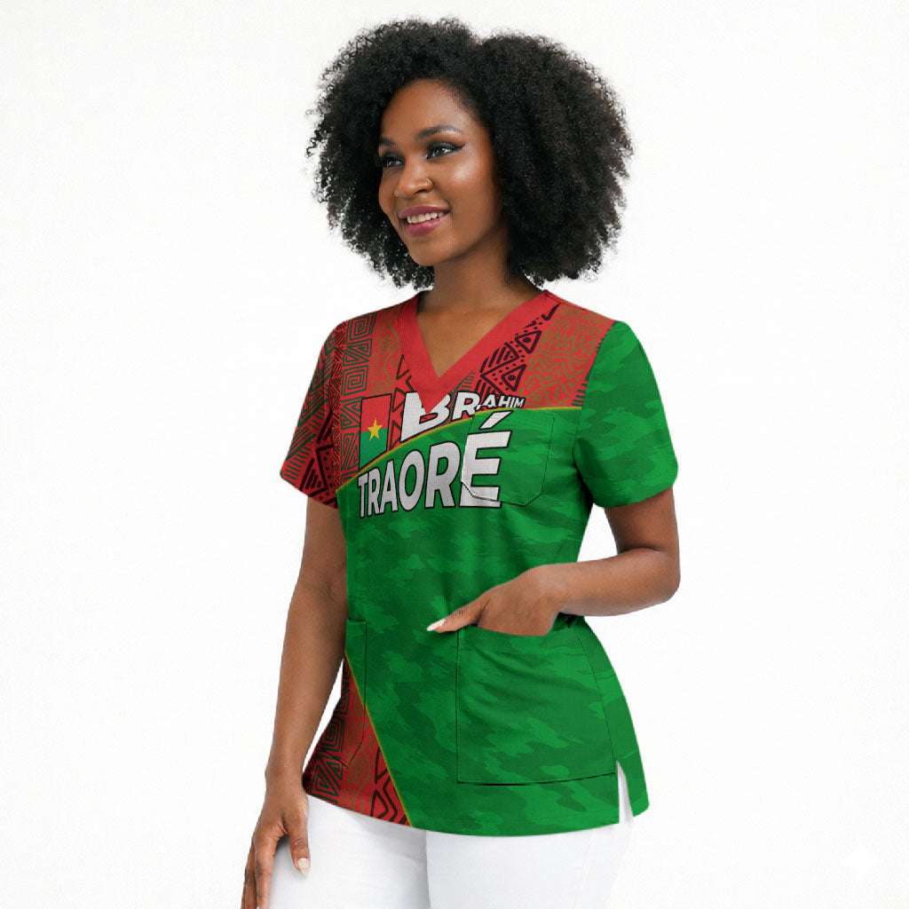 Ibrahim Traore Burkina Faso Fearless Leadership Scrub Top West African Tribal Pattern And Patriotic Camo Art