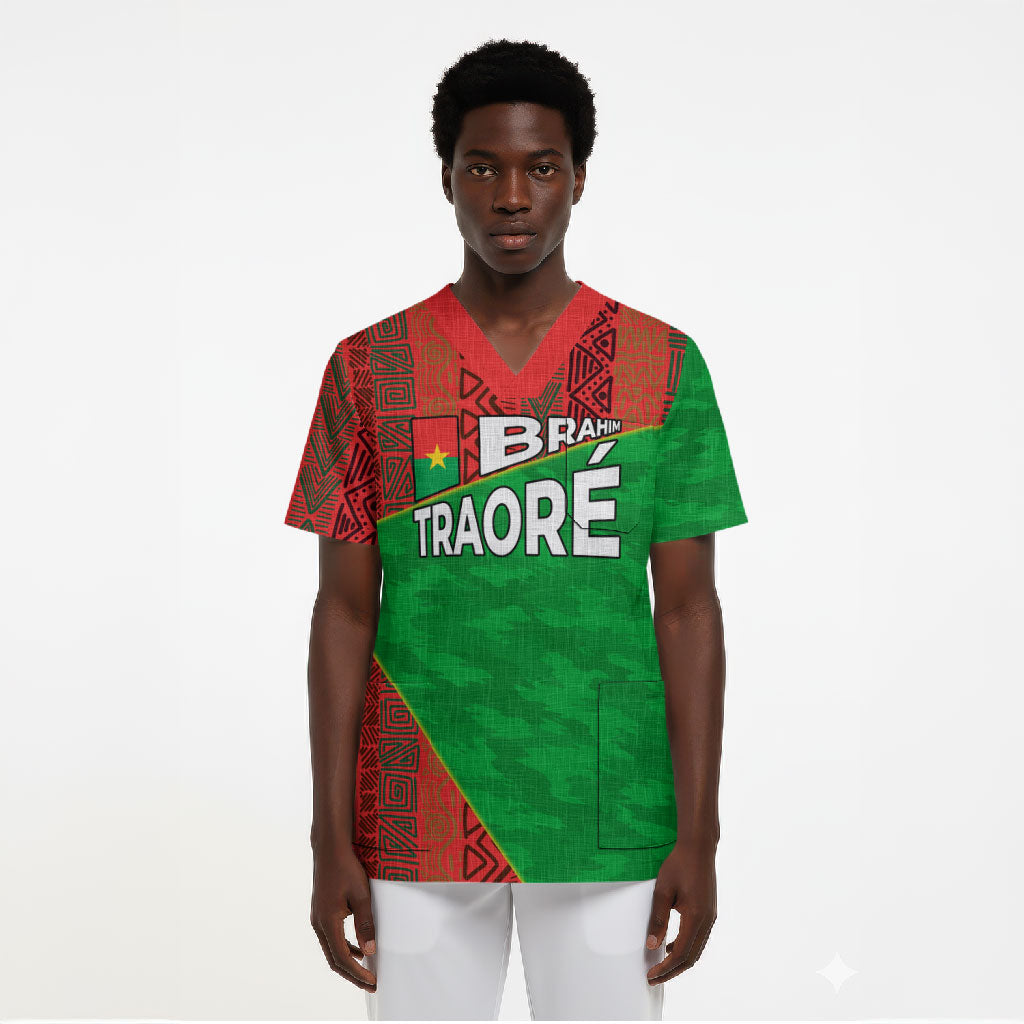 Ibrahim Traore Burkina Faso Fearless Leadership Scrub Top West African Tribal Pattern And Patriotic Camo Art