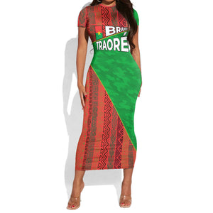 Ibrahim Traore Burkina Faso Fearless Leadership Short Sleeve Bodycon Dress West African Tribal Pattern And Patriotic Camo Art