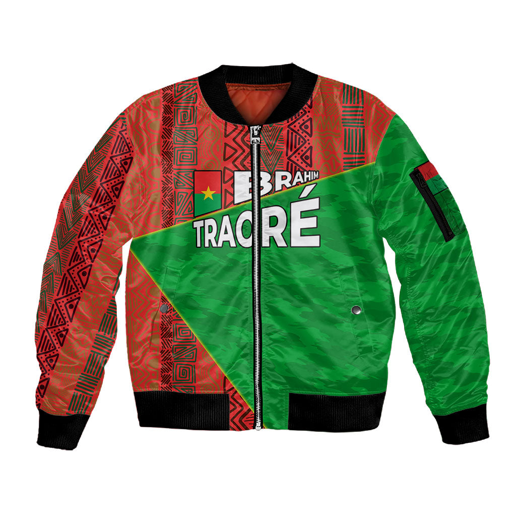 Ibrahim Traore Burkina Faso Fearless Leadership Sleeve Zip Bomber Jacket West African Tribal Pattern And Patriotic Camo Art
