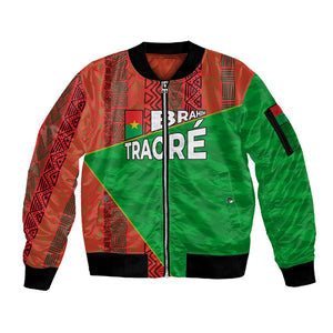 Ibrahim Traore Burkina Faso Fearless Leadership Sleeve Zip Bomber Jacket West African Tribal Pattern And Patriotic Camo Art
