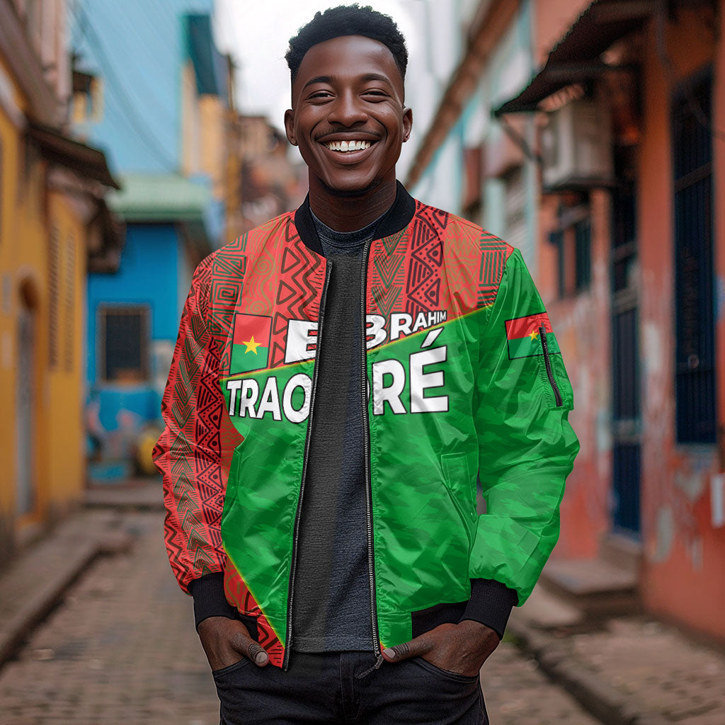 Ibrahim Traore Burkina Faso Fearless Leadership Sleeve Zip Bomber Jacket West African Tribal Pattern And Patriotic Camo Art