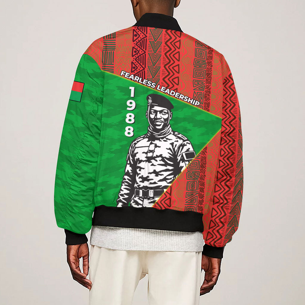 Ibrahim Traore Burkina Faso Fearless Leadership Sleeve Zip Bomber Jacket West African Tribal Pattern And Patriotic Camo Art