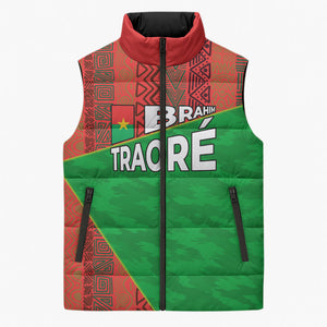 Ibrahim Traore Burkina Faso Fearless Leadership Sleeveless Puffer Jacket West African Tribal Pattern And Patriotic Camo Art