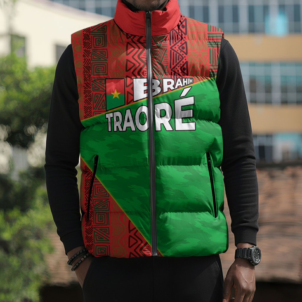Ibrahim Traore Burkina Faso Fearless Leadership Sleeveless Puffer Jacket West African Tribal Pattern And Patriotic Camo Art