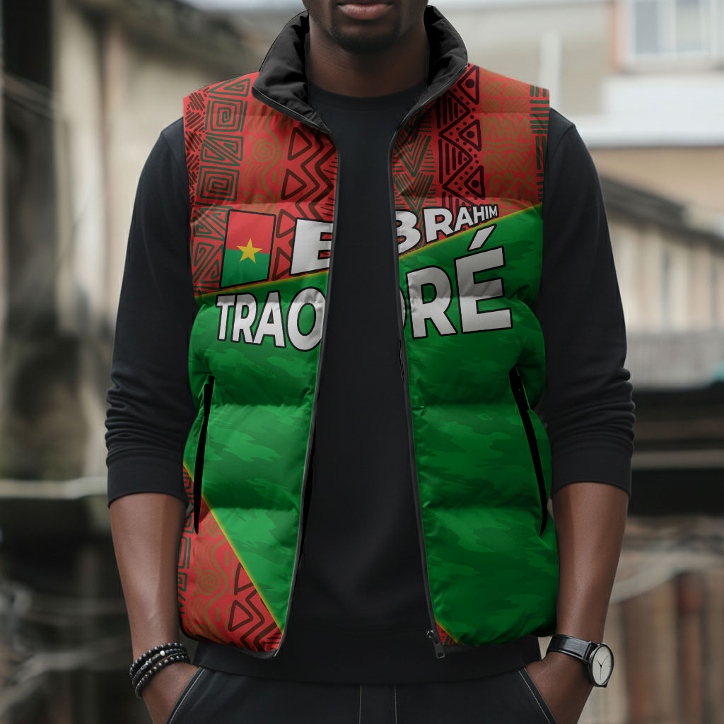 Ibrahim Traore Burkina Faso Fearless Leadership Sleeveless Puffer Jacket West African Tribal Pattern And Patriotic Camo Art