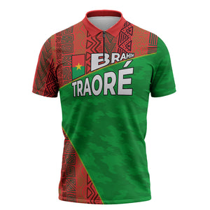 Ibrahim Traore Burkina Faso Fearless Leadership Zipper Polo Shirt West African Tribal Pattern And Patriotic Camo Art