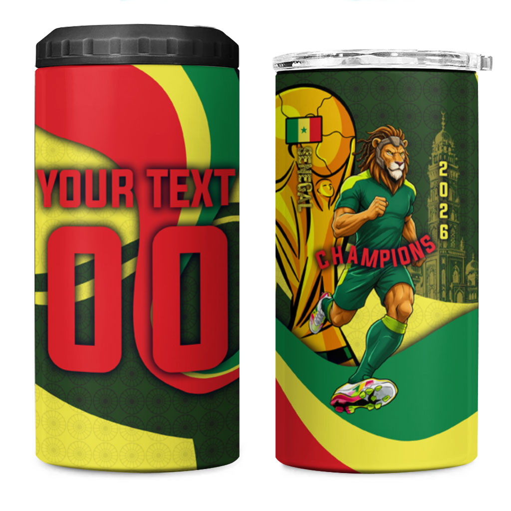 Personalized Senegal Champions World Football 2026 4 in 1 Can Cooler Tumbler Lions Of Teranga - Great Mosque Of Touba Pattern