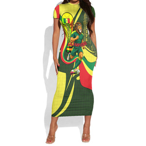Personalized Senegal Champions World Football 2026 Short Sleeve Bodycon Dress Lions Of Teranga - Great Mosque Of Touba Pattern