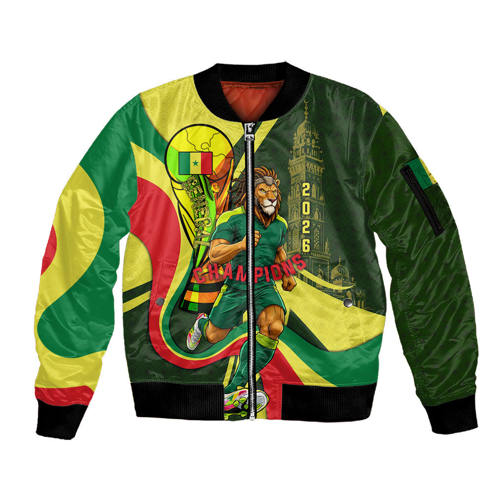 Personalized Senegal Champions World Football 2026 Sleeve Zip Bomber Jacket Lions Of Teranga - Great Mosque Of Touba Pattern