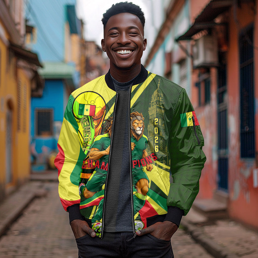 Personalized Senegal Champions World Football 2026 Sleeve Zip Bomber Jacket Lions Of Teranga - Great Mosque Of Touba Pattern
