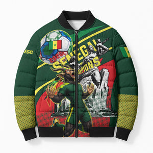Custom Senegal Champions Football 2026 Bomber Puffer Jacket Teranga Lions G.O.A.T Mascot - African Renaissance Monument
