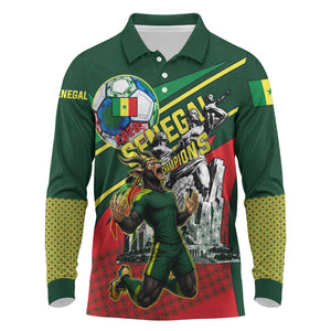 Custom Senegal Champions Football 2026 Long Sleeve Polo Shirt Teranga Lions G.O.A.T Mascot - African Renaissance Monument