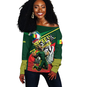 Custom Senegal Champions Football 2026 Off Shoulder Sweater Teranga Lions G.O.A.T Mascot - African Renaissance Monument