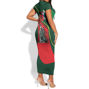 Custom Senegal Champions Football 2026 Short Sleeve Bodycon Dress Teranga Lions G.O.A.T Mascot - African Renaissance Monument