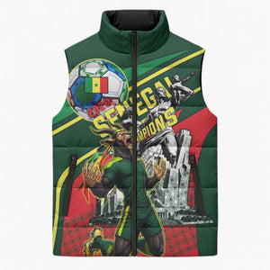 Custom Senegal Champions Football 2026 Sleeveless Puffer Jacket Teranga Lions G.O.A.T Mascot - African Renaissance Monument