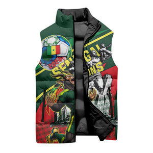 Custom Senegal Champions Football 2026 Sleeveless Puffer Jacket Teranga Lions G.O.A.T Mascot - African Renaissance Monument