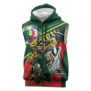 Custom Senegal Champions Football 2026 Sleeveless Zip Hoodie Teranga Lions G.O.A.T Mascot - African Renaissance Monument