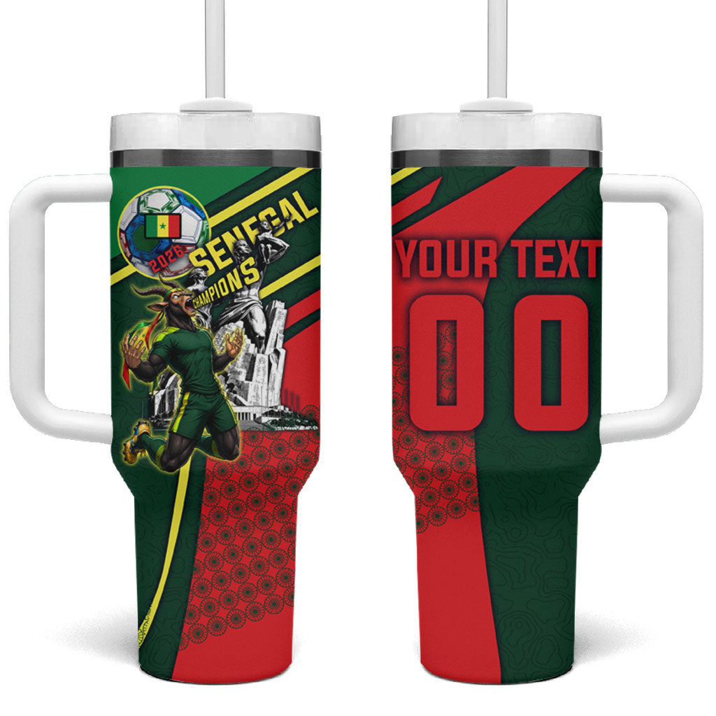 Custom Senegal Champions Football 2026 Tumbler With Handle Teranga Lions G.O.A.T Mascot - African Renaissance Monument