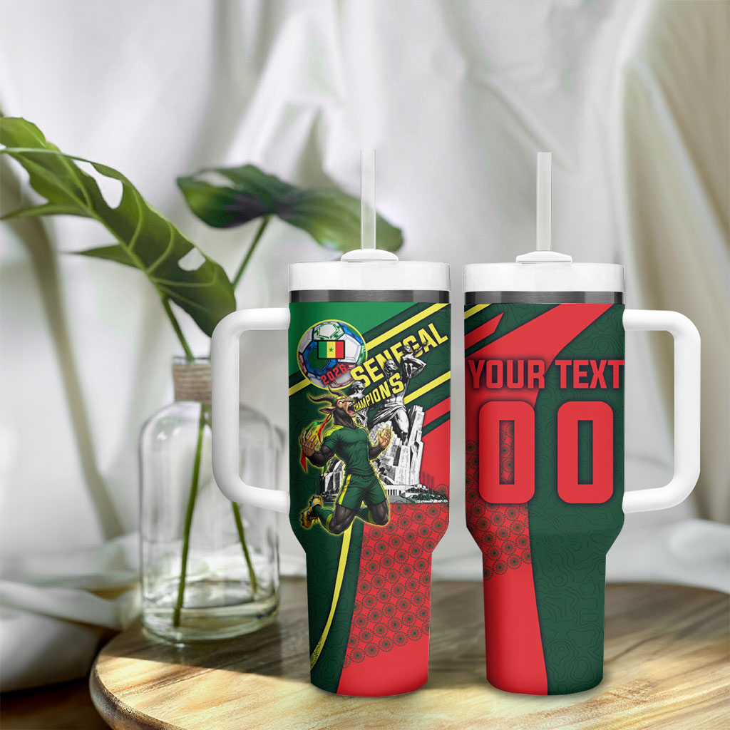Custom Senegal Champions Football 2026 Tumbler With Handle Teranga Lions G.O.A.T Mascot - African Renaissance Monument