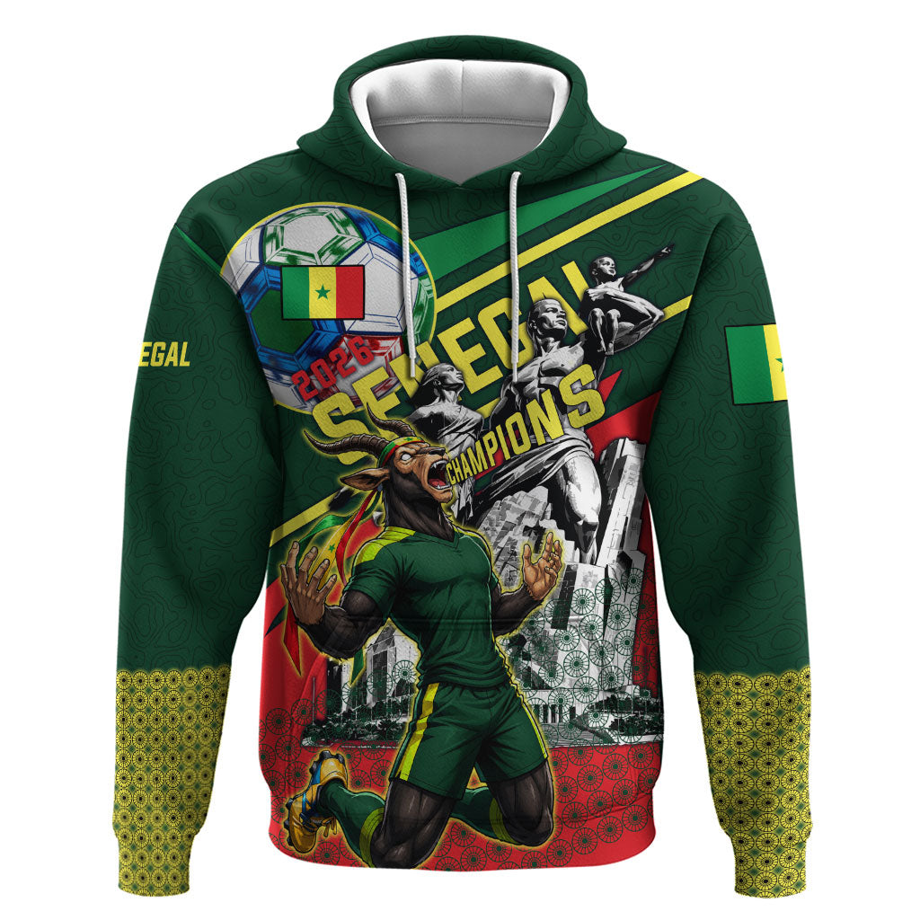 Custom Senegal Champions Football 2026 Zip Hoodie Teranga Lions G.O.A.T Mascot - African Renaissance Monument